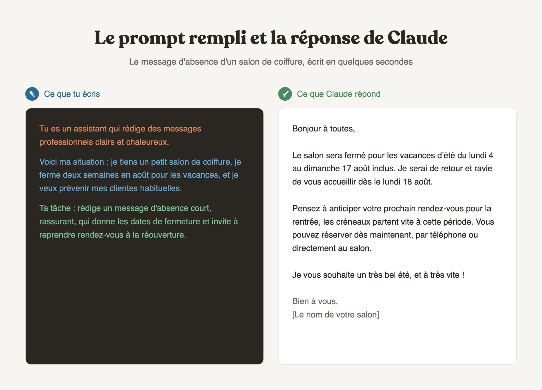 Le prompt rempli et la vraie réponse de Claude côte à côte