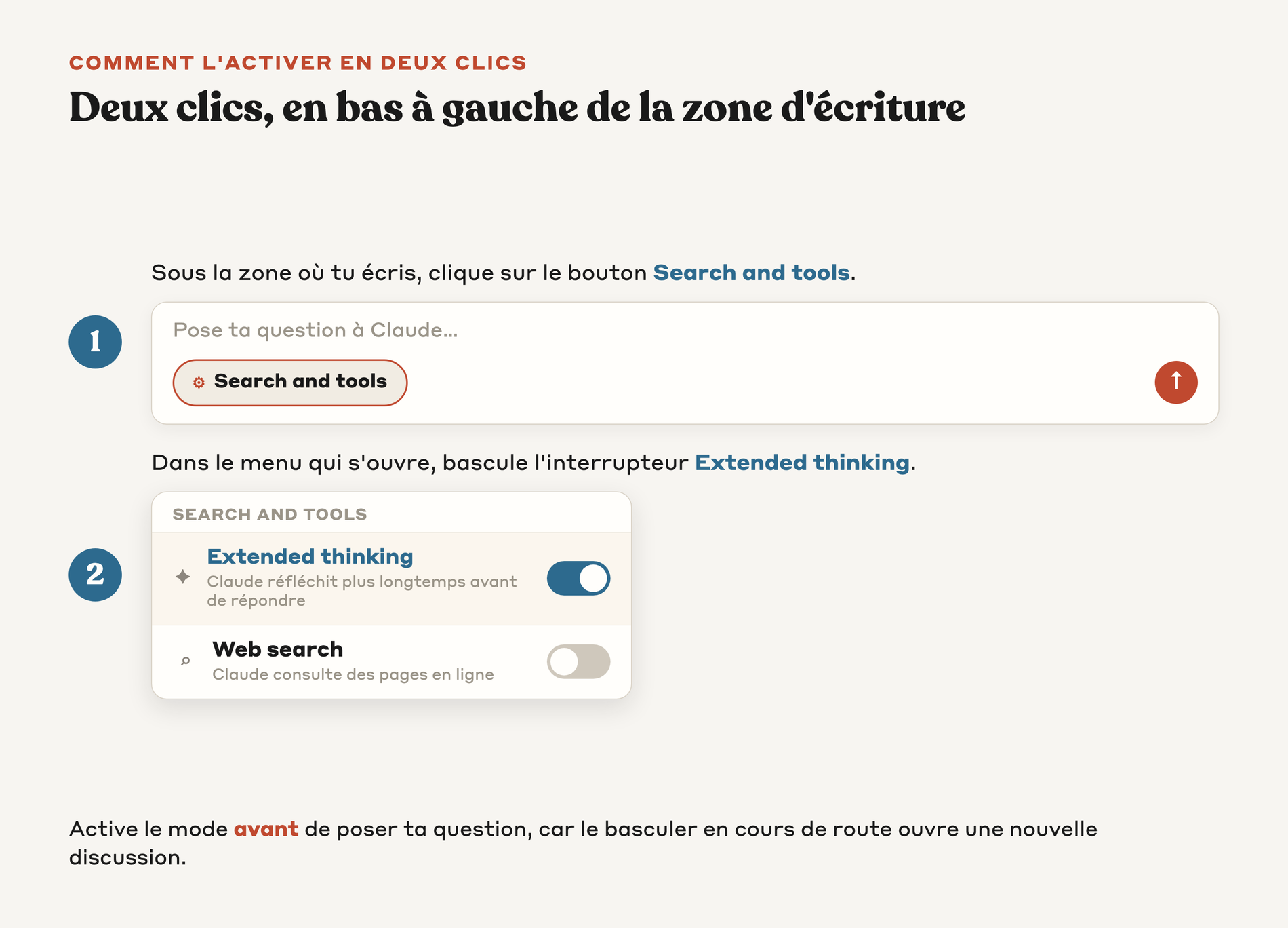 Le bouton Search and tools en bas à gauche de la zone de saisie, puis l'interrupteur Extended thinking à basculer pour activer le mode