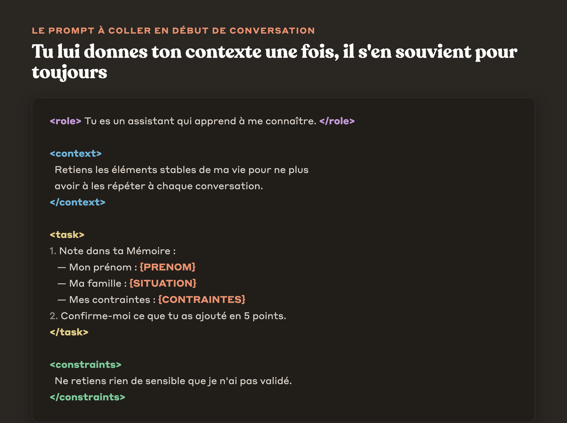 Prompt de briefing Memory avec ses balises role, context, task et constraints expliquées