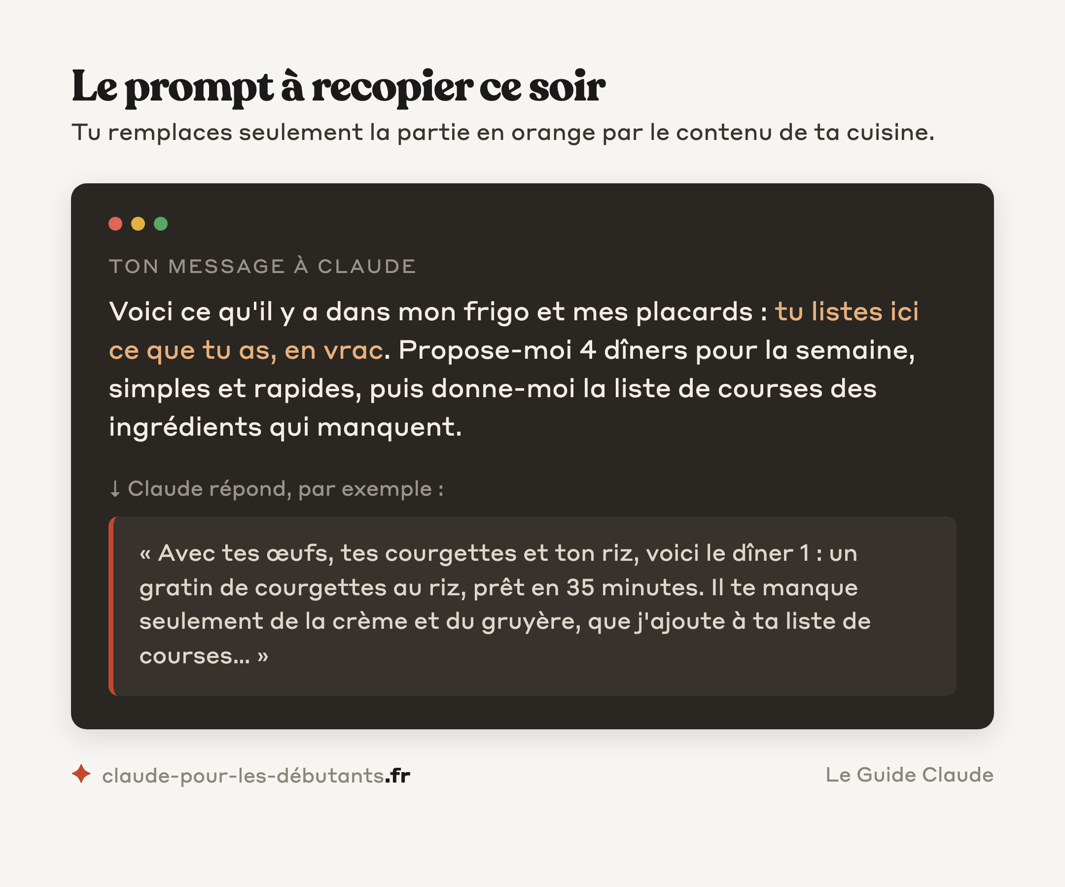 Le prompt à recopier pour ta première utilisation de Claude : lister le contenu de son frigo et demander 4 dîners pour la semaine avec la liste de courses