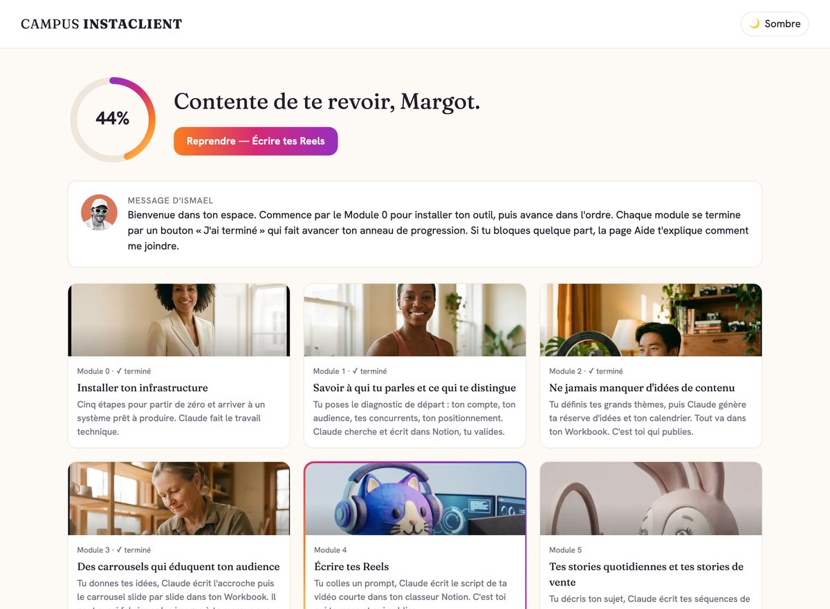 L'accueil de ton espace : l'anneau de progression, le bouton reprendre, le message d'accueil et la grille des neuf modules, capture réelle d'un compte de démonstration