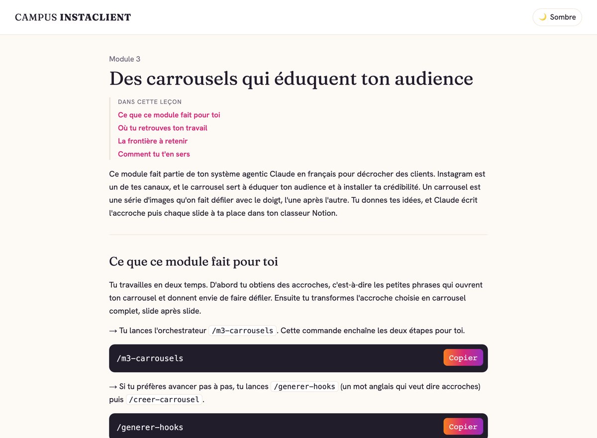 Une leçon de l'espace de formation : le sommaire, les explications, et les blocs de commande à copier d'un clic, capture réelle
