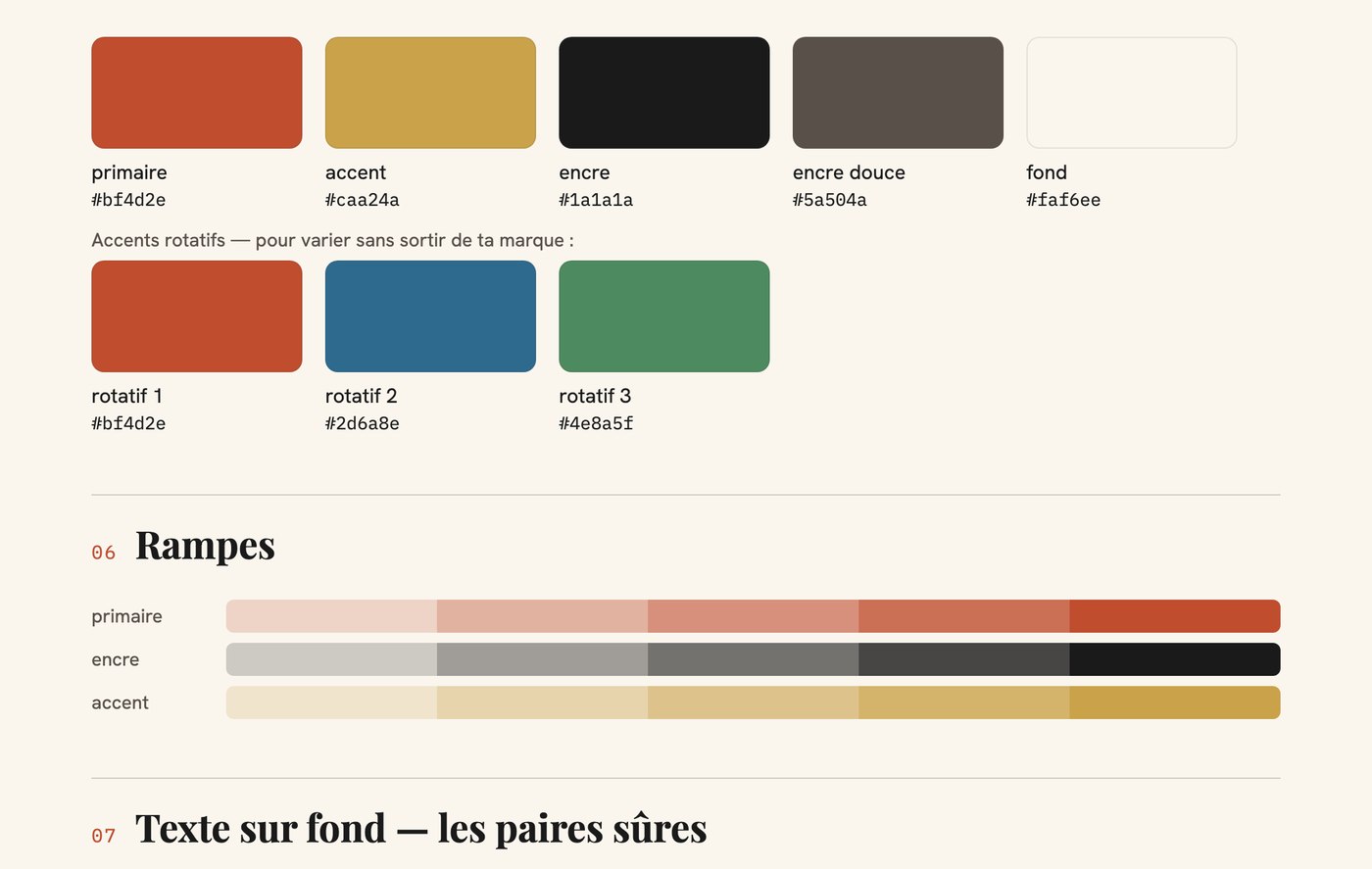 Page 3 : la palette, les rampes de nuances et les paires texte-fond sûres