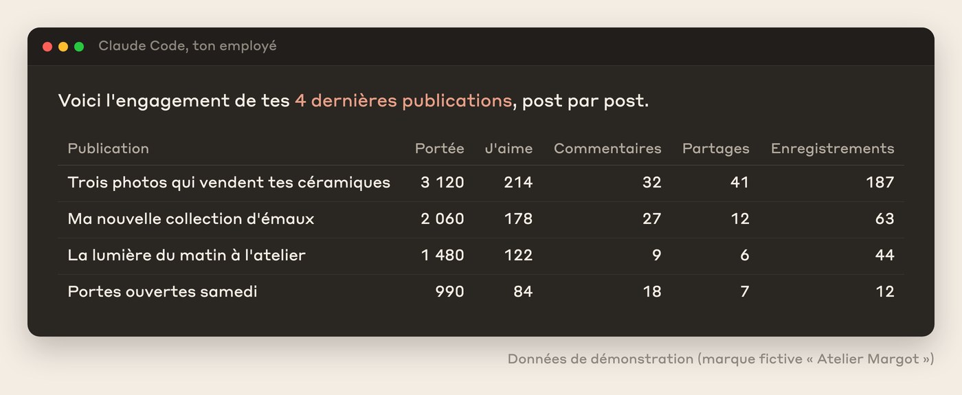 L'engagement lu post par post : portée, j'aime, commentaires, partages et enregistrements des dernières publications, données de démonstration