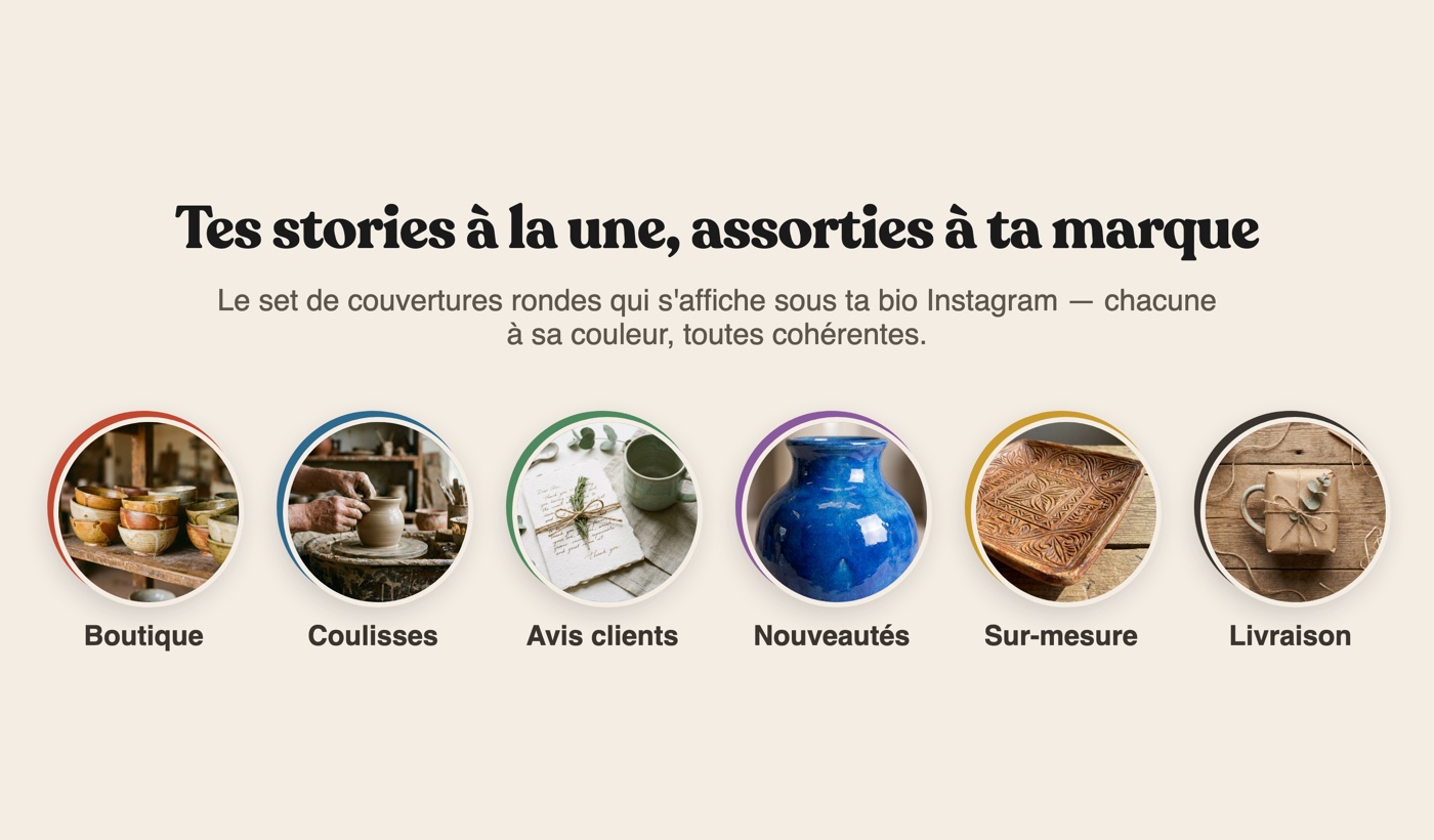 Un set de stories à la une à la marque d'une céramiste : six couvertures rondes (Boutique, Coulisses, Avis clients, Nouveautés, Sur-mesure, Livraison), chacune dans une couleur différente