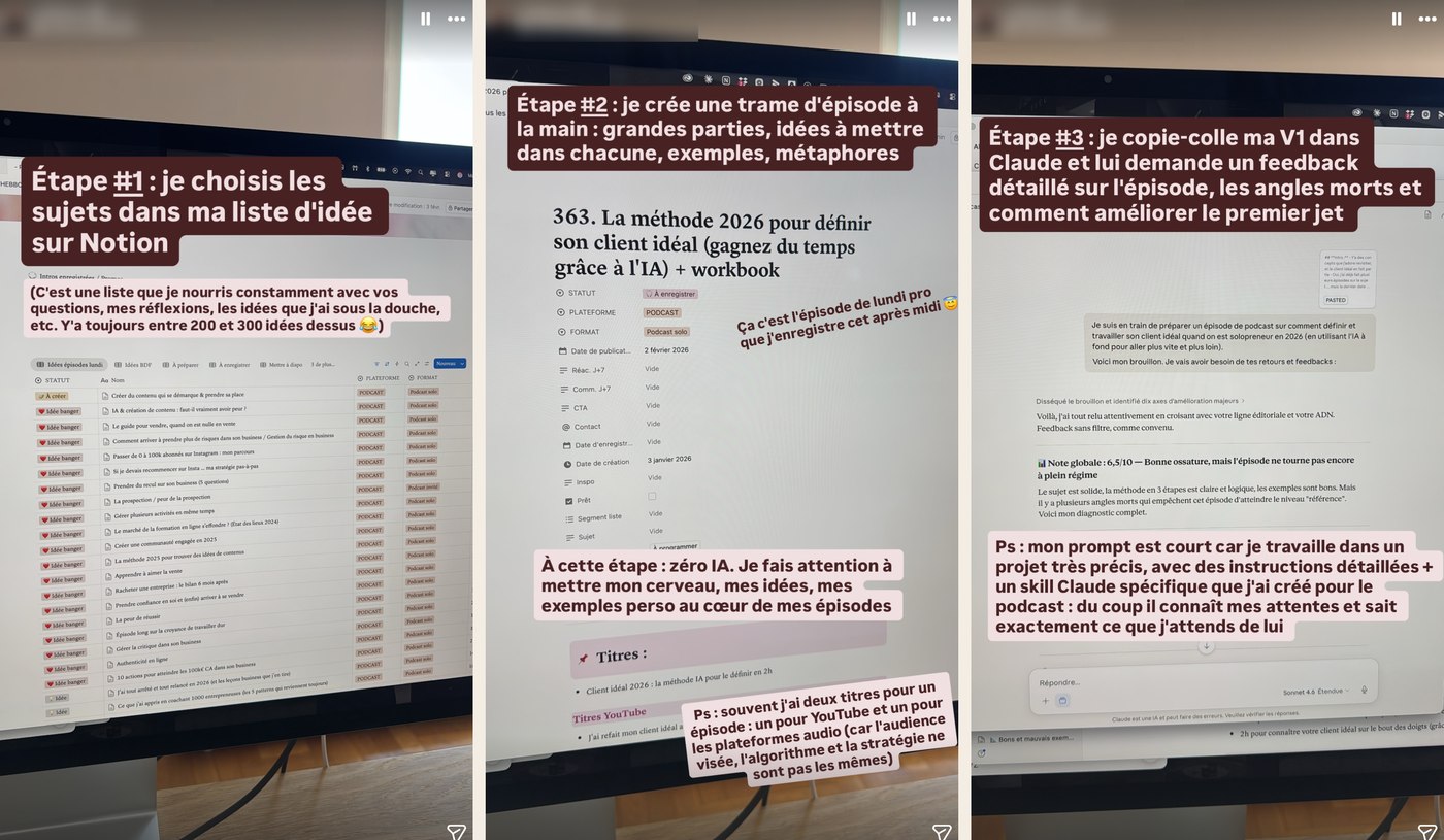 Trois vraies stories observées chez un créateur qui fonctionne, le compte flouté : la matière première dont les templates sont tirés