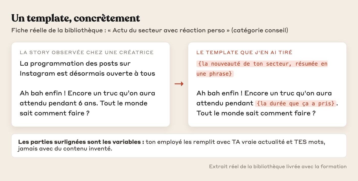 Un template réel de la bibliothèque : à gauche la story observée chez une créatrice, à droite le template avec ses variables surlignées