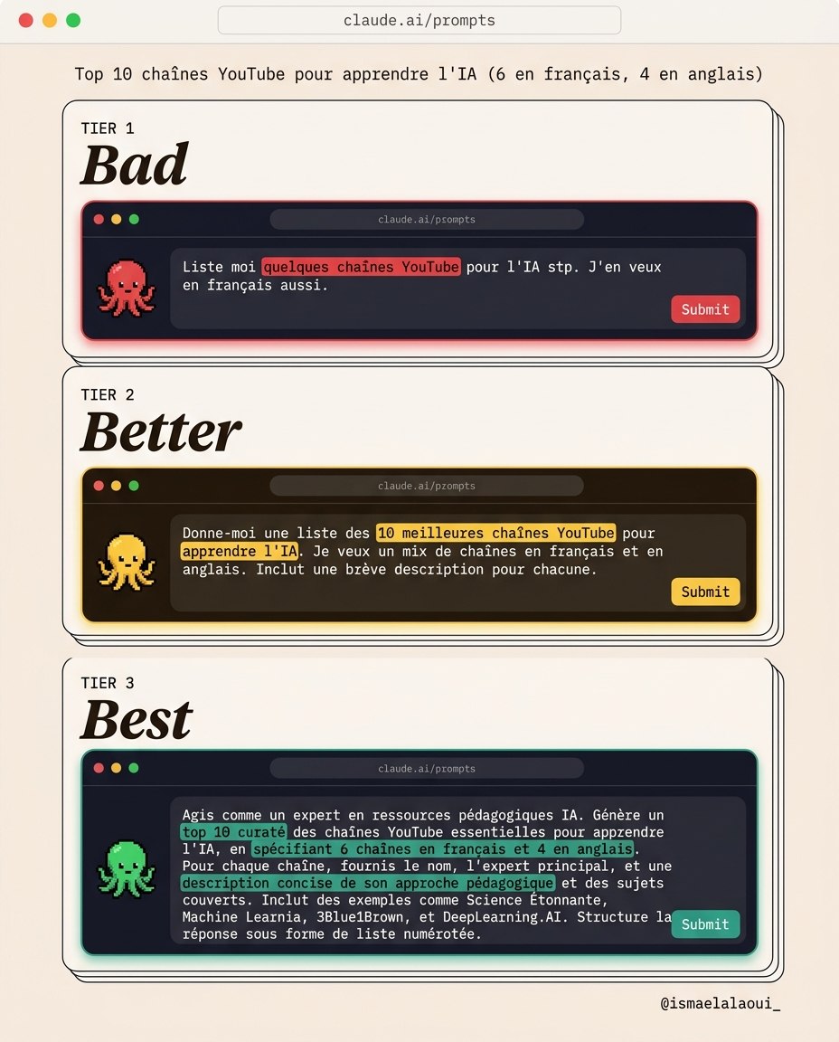 Le template comparatif : la même demande écrite en trois versions, Bad, Better et Best, chacune dans sa fenêtre avec son résultat