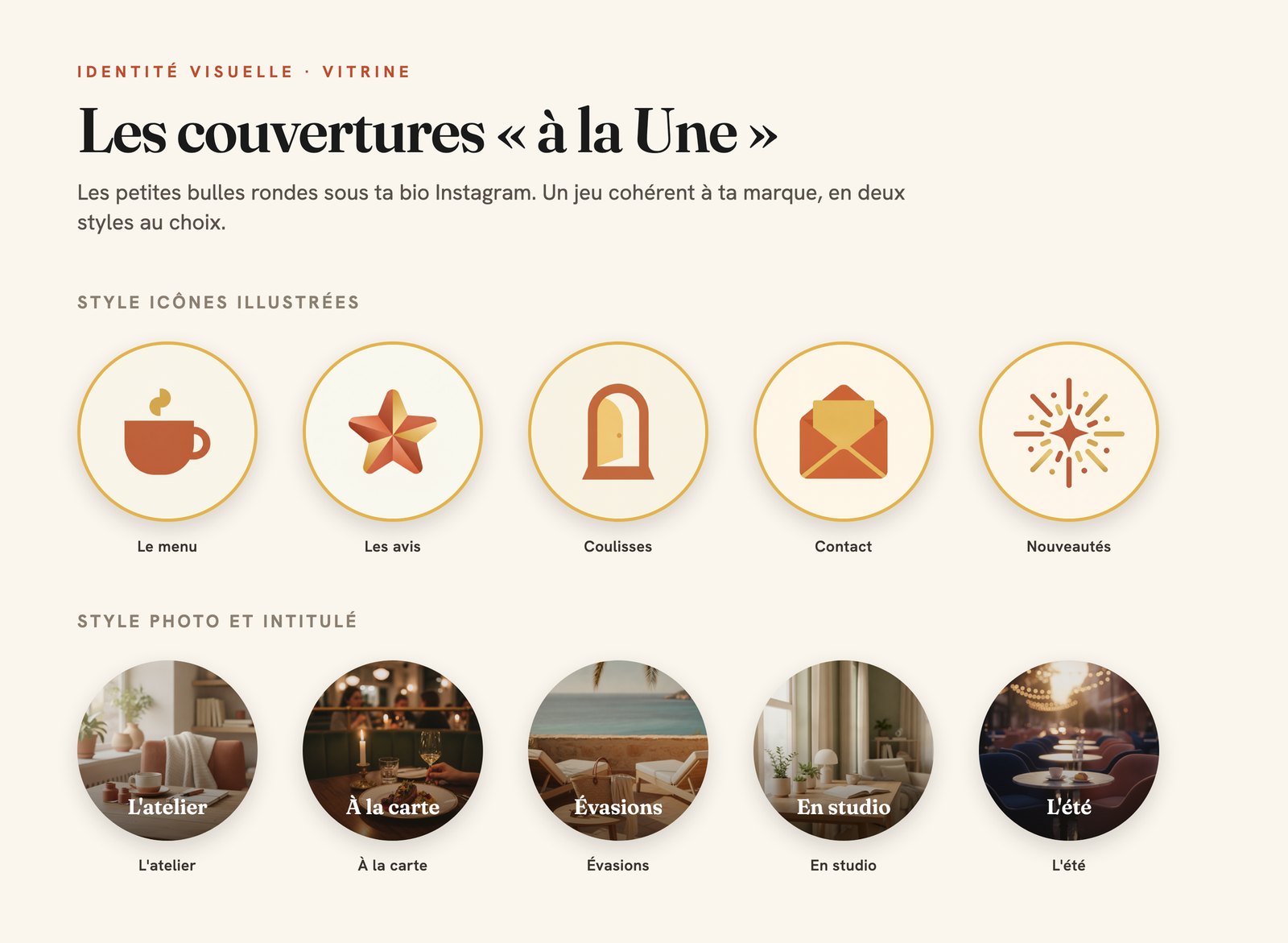 Un jeu de couvertures à la une à ta marque, en icônes illustrées ou en photos avec intitulé