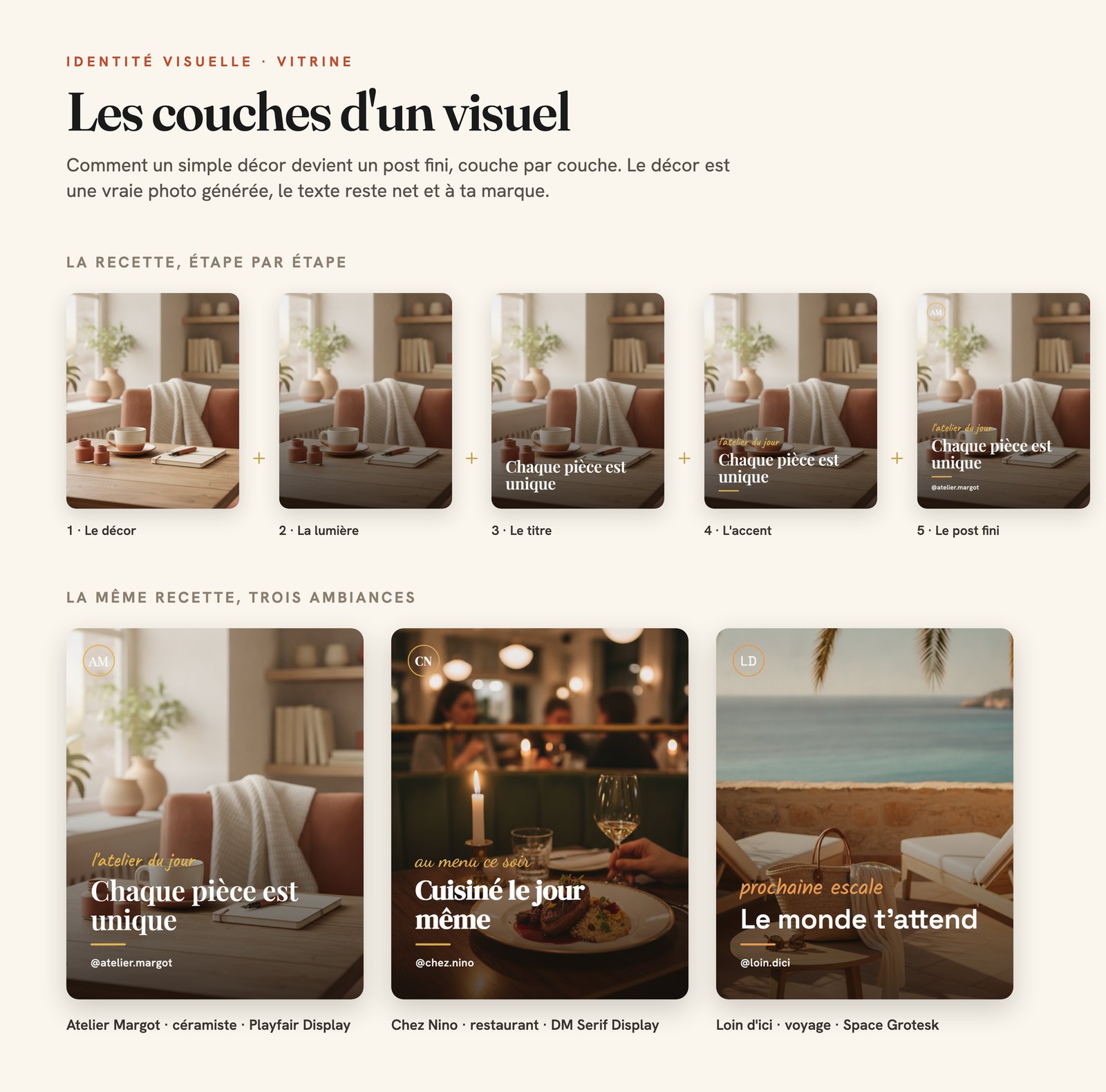 Un visuel qui se construit couche par couche, puis le même procédé décliné pour une céramiste, un restaurant et une marque de voyage